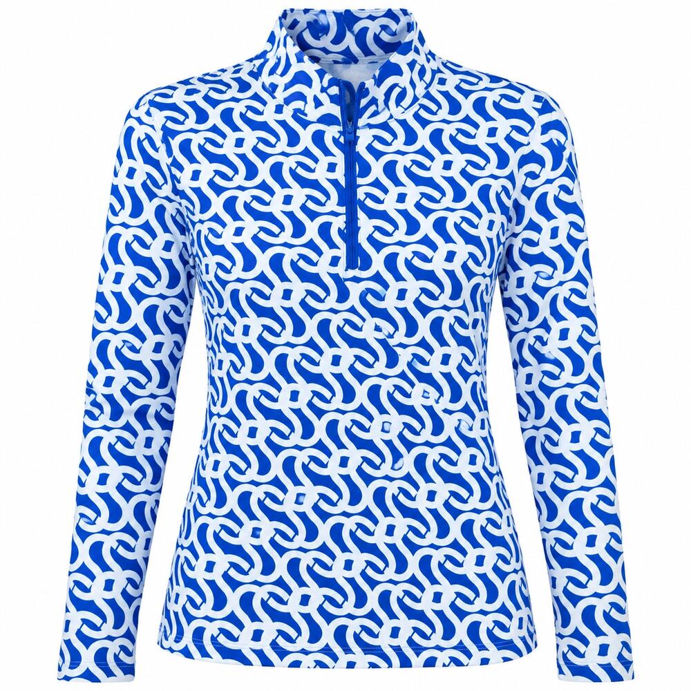 X by Gottex 1/4 Zip Pullover Top Blue White Geometric Print Long Sleeve L